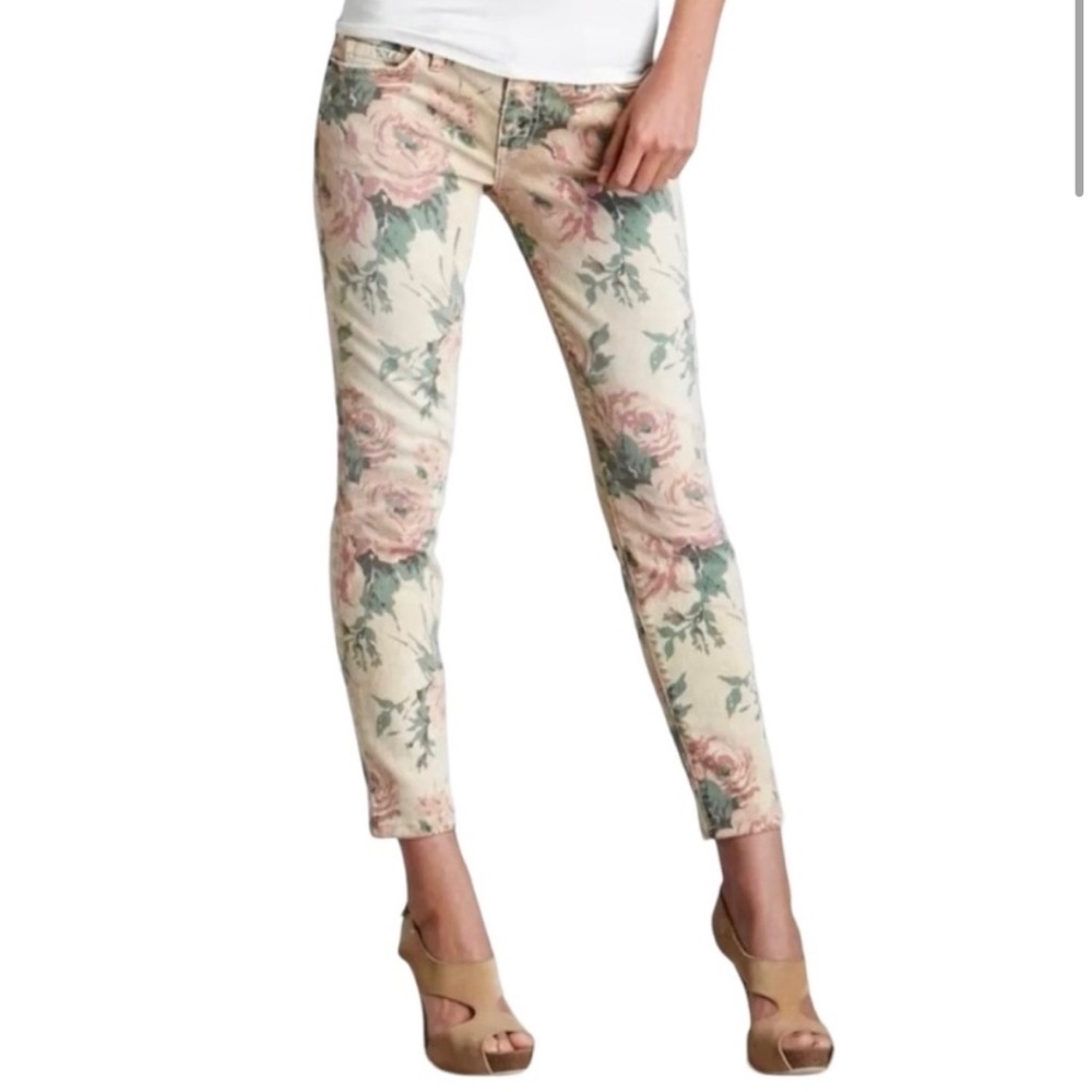 Current/Elliott Floral Print Cream Pink Cropped Ankle Skinny Jeans size 27